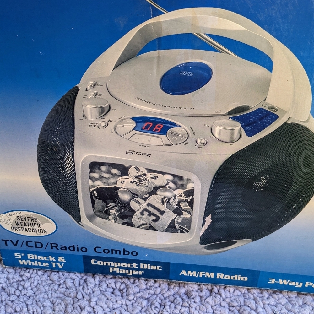 Vintage GPX CD/TV BOOMBOX Radio PORTABLE Player 5"  Black White TV ‎ WORKING